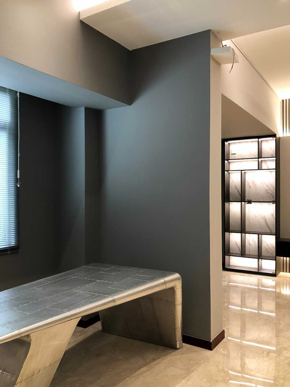 Modern Study with Paintings and Display Cabinets
