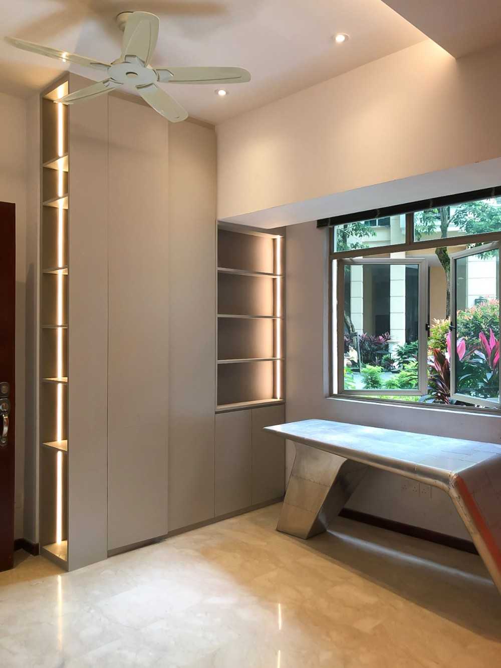 Modern Study with Bookshelf and Window Grille