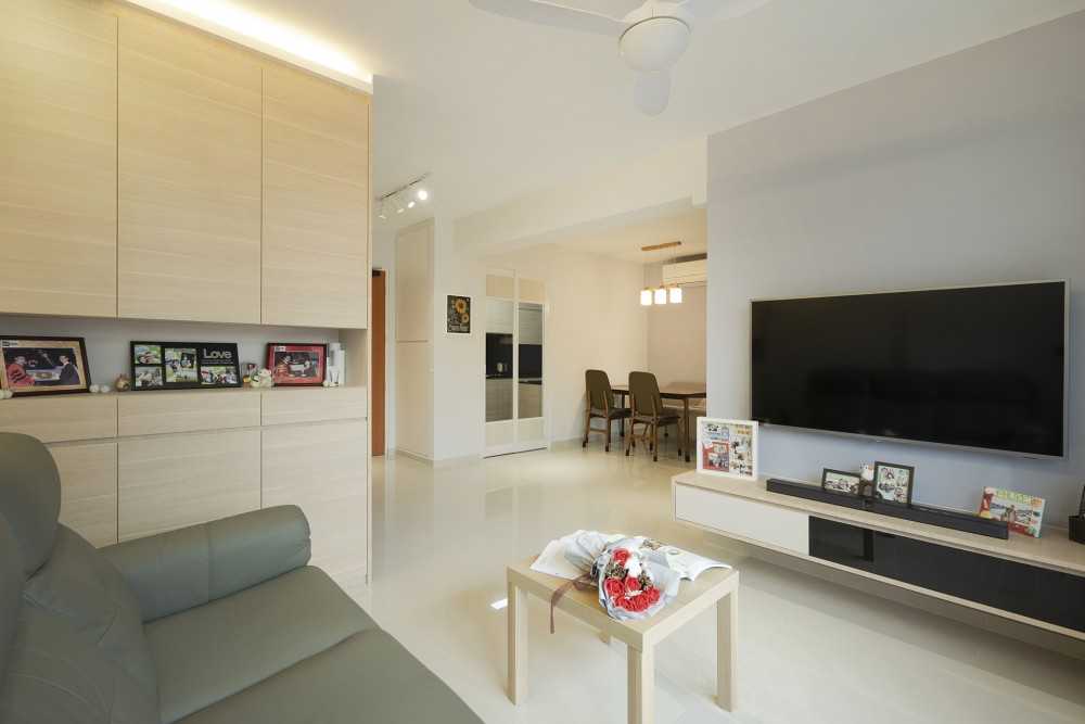 Scandinavian Living Room with Homogeneous Tiles and TV Console