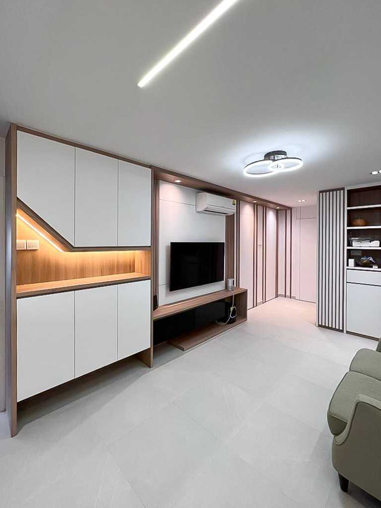 Scandinavian Living Room with TV Console and Paintings