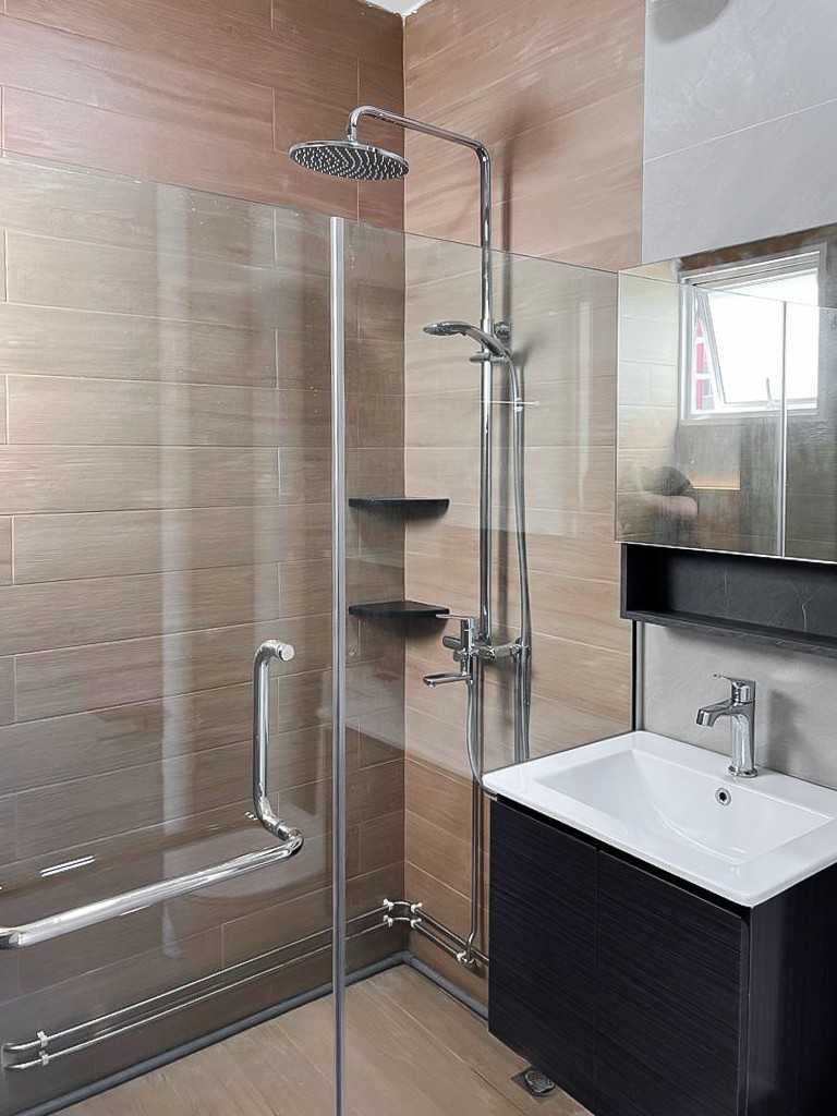 Scandinavian Bathroom with Feature Wall and Mirror