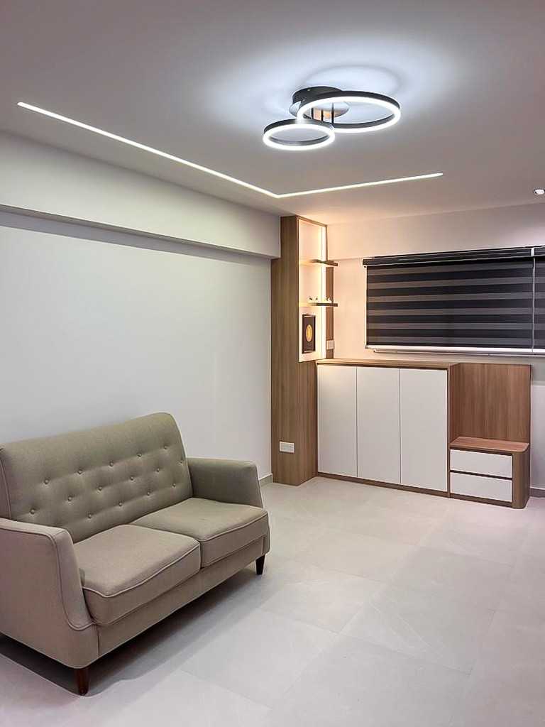 Scandinavian Foyer with Window Shutters and Sofa