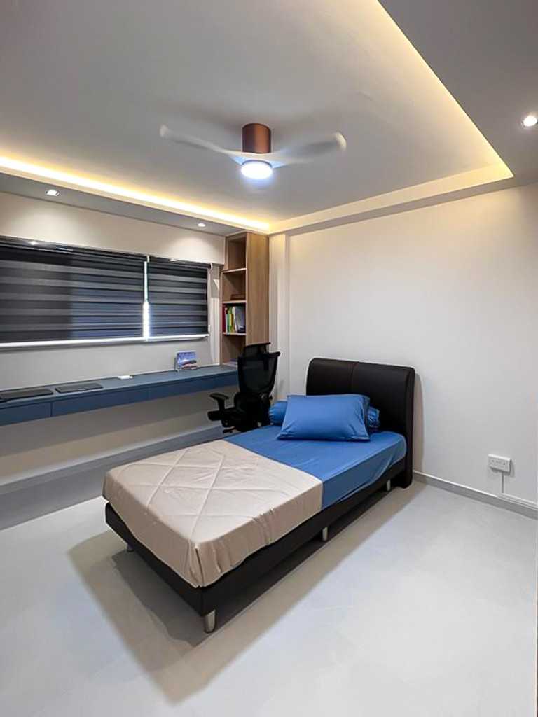 Scandinavian Bedroom with Bookshelf and Window Shutters