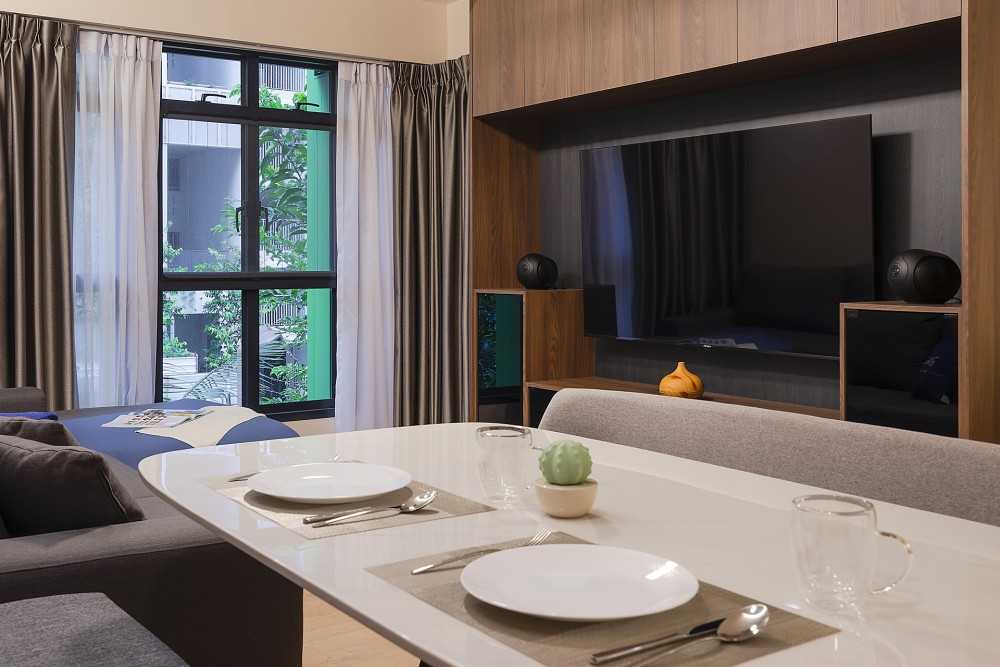 Scandinavian Living Room with Vinyl Flooring and TV Console