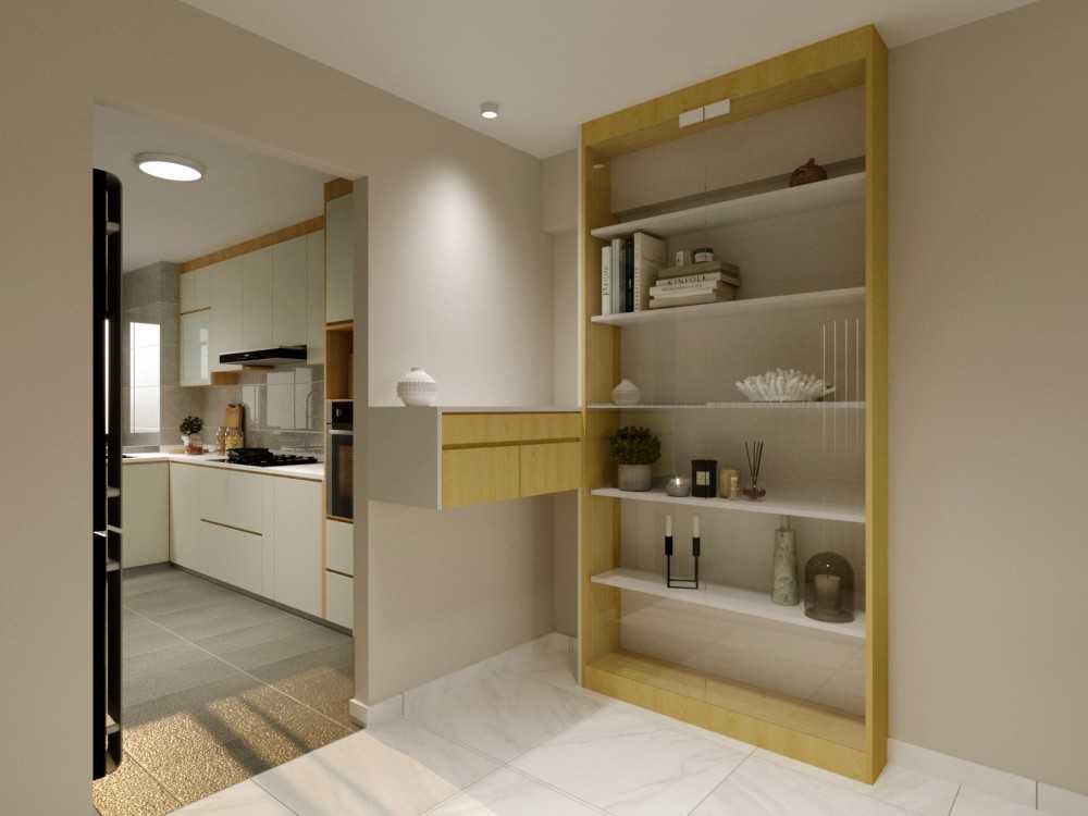 Minimalist Living Room with Bookshelf and Ceiling Light