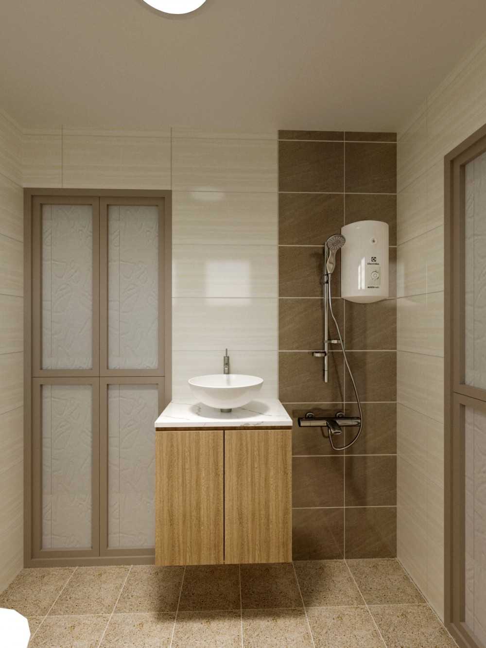 Minimalist Bathroom with Countertop and Showers