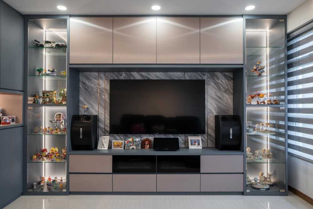 Modern Living Room with Homogeneous Tiles and TV Console