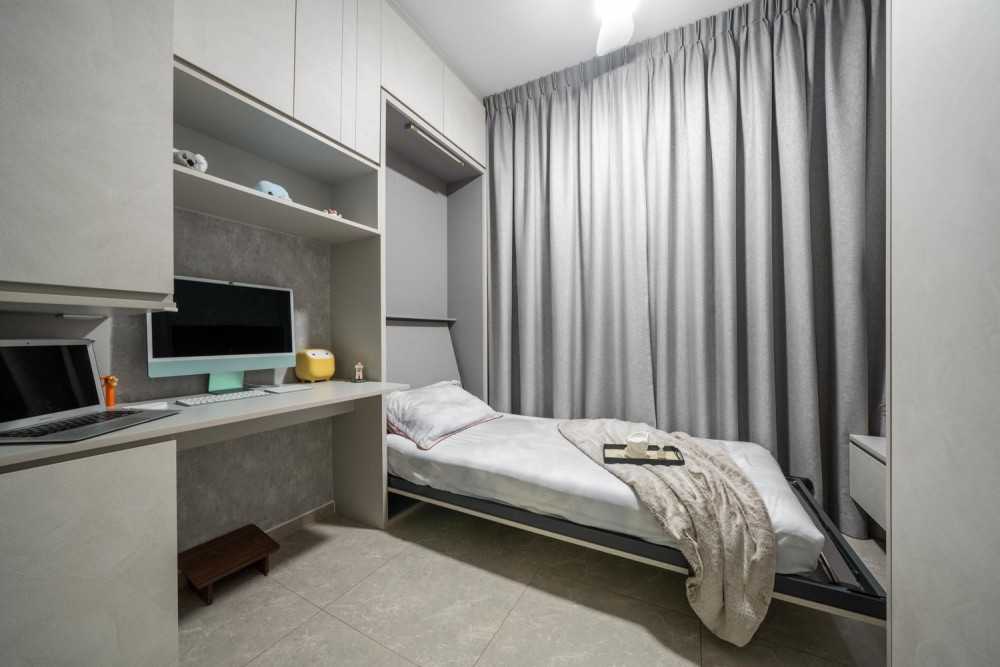 Modern Bedroom with Bookshelf and Homogeneous Tiles