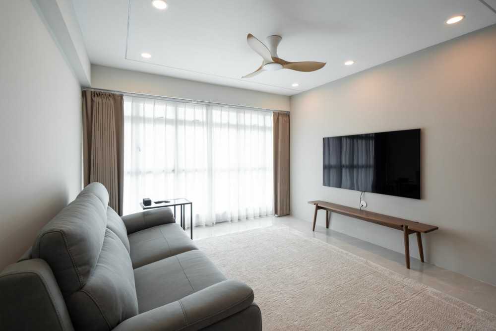 Contemporary Living Room with Homogeneous Tiles and TV Console