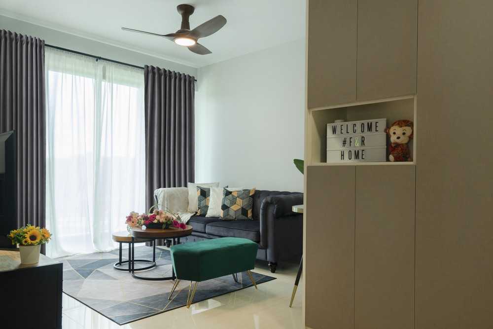 Contemporary Living Room with Homogeneous Tiles and TV Console