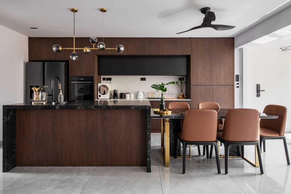 Contemporary Dining Room with Kitchen Island and Chandelier