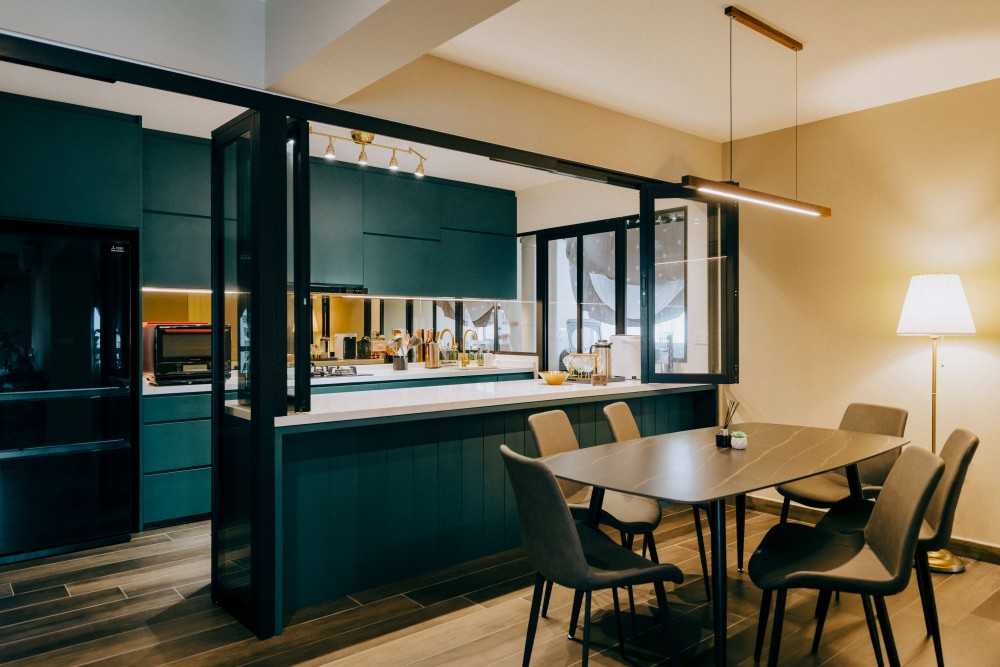 Country Dining Room with Kitchen Island and Cove Lighting