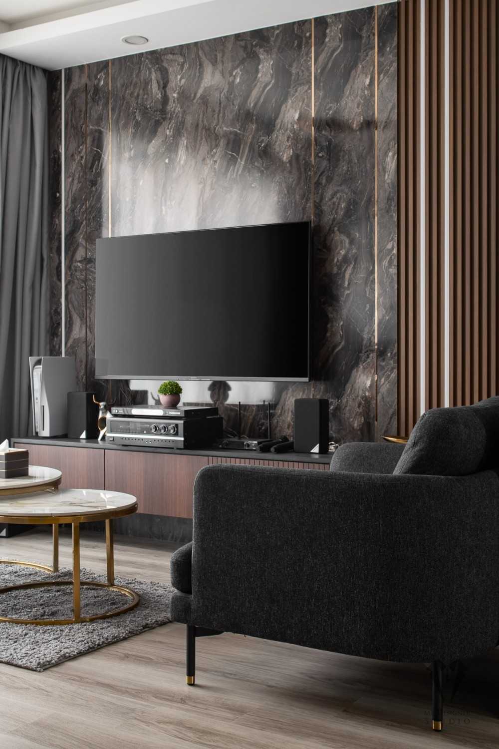 Contemporary Living Room with Vinyl Flooring and Feature Wall