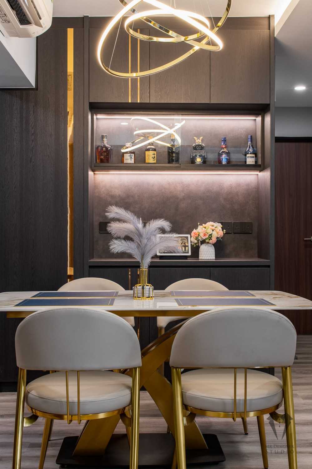 Contemporary Dining Room with Cove Lighting and Downlights