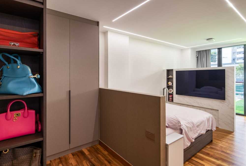 Contemporary Bedroom with Platform Bed and Parquet Floor