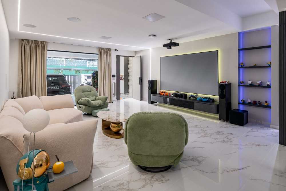 Contemporary Living Room with Marble Floor and Feature Wall