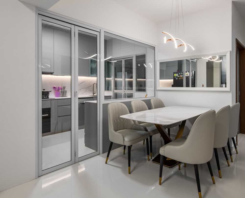 Scandinavian Dining Room with Chandelier and Dining Table
