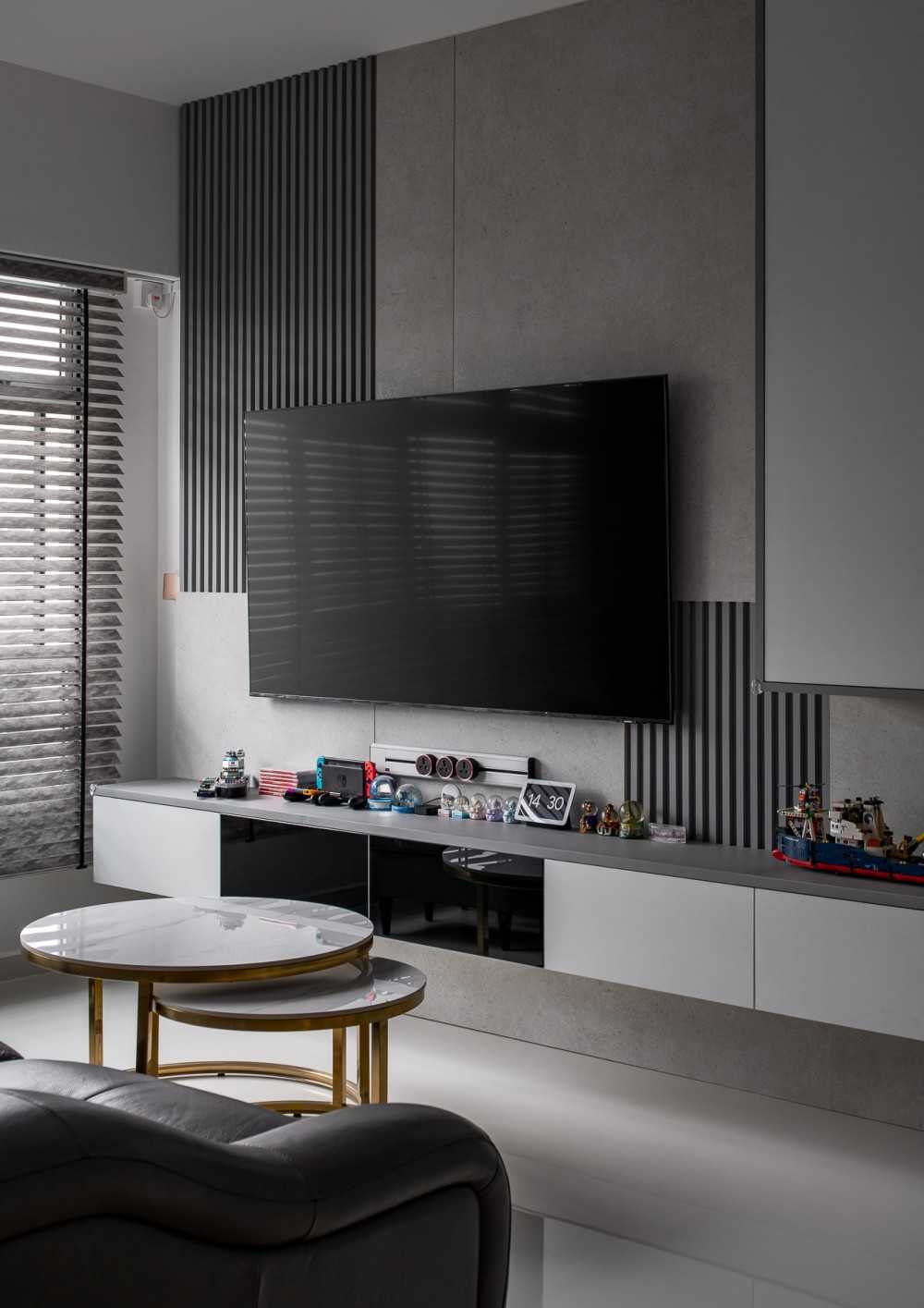 Scandinavian Living Room with Homogeneous Tiles and Feature Wall