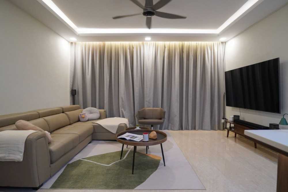 Scandinavian Living Room with Marble Floor and TV Console