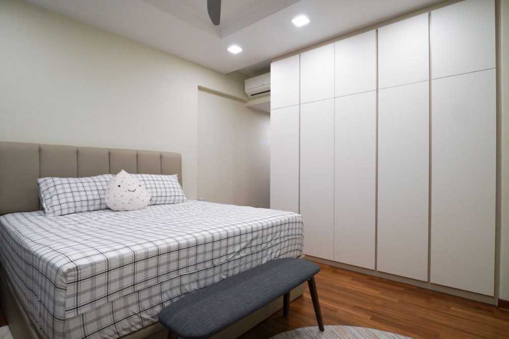 Scandinavian Bedroom with Parquet Floor and Drop Ceiling