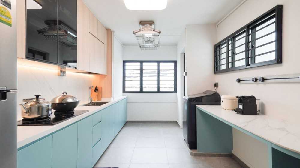 Scandinavian Kitchen with Countertop and Homogeneous Tiles