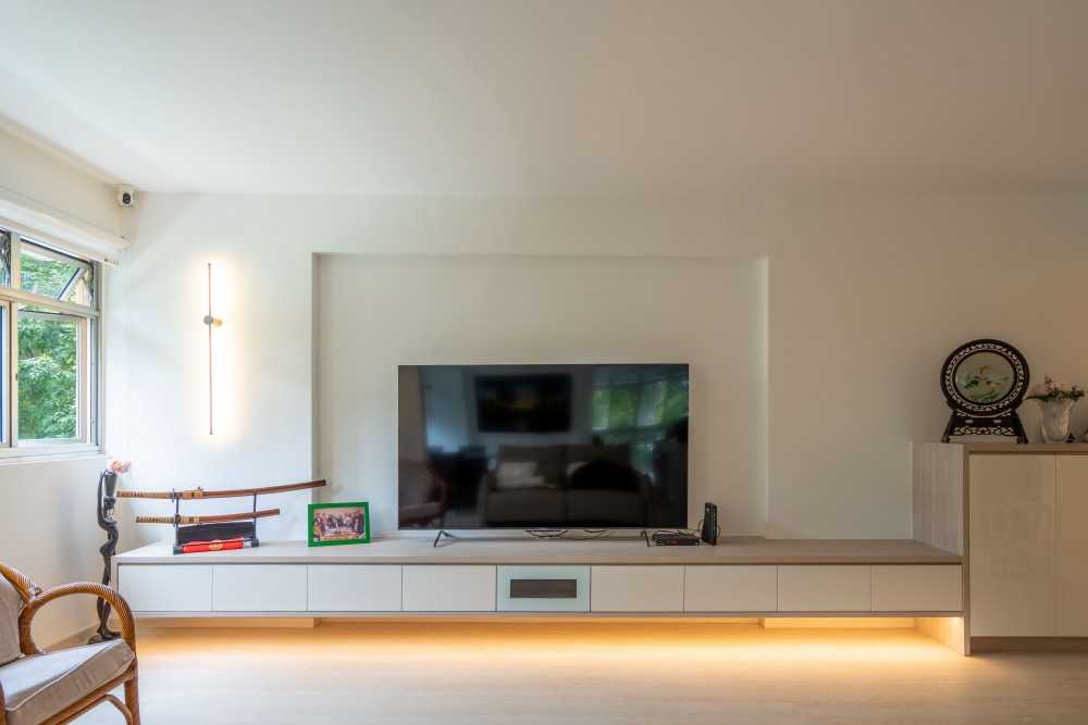 Scandinavian Living Room with Vinyl Flooring and TV Console