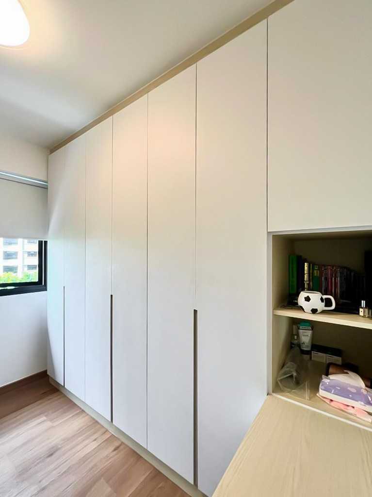 Scandinavian Bedroom with Bookshelf and Wardrobe