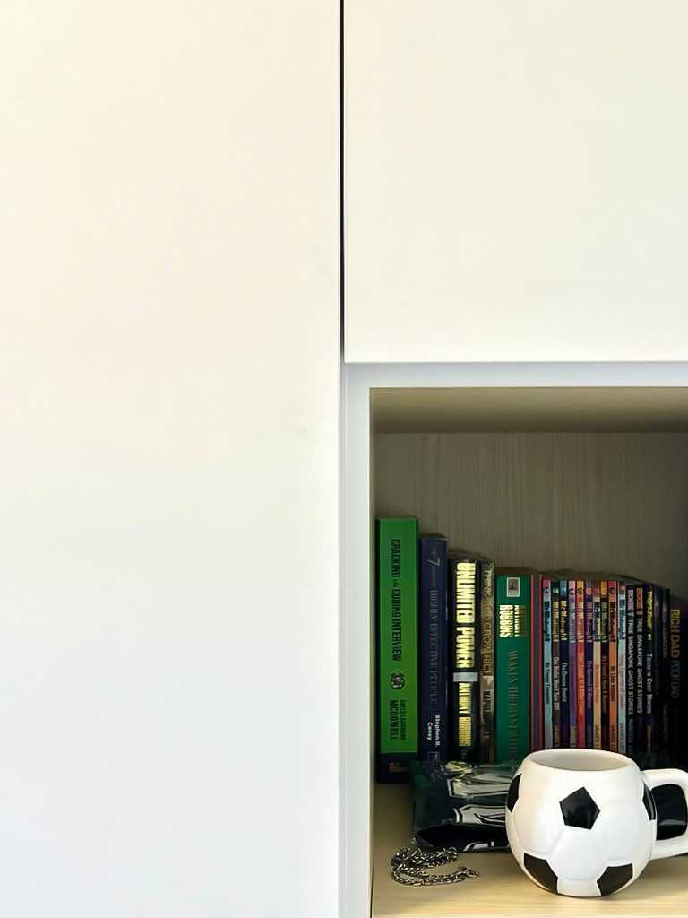 Scandinavian Bedroom with Bookshelf and Wardrobe