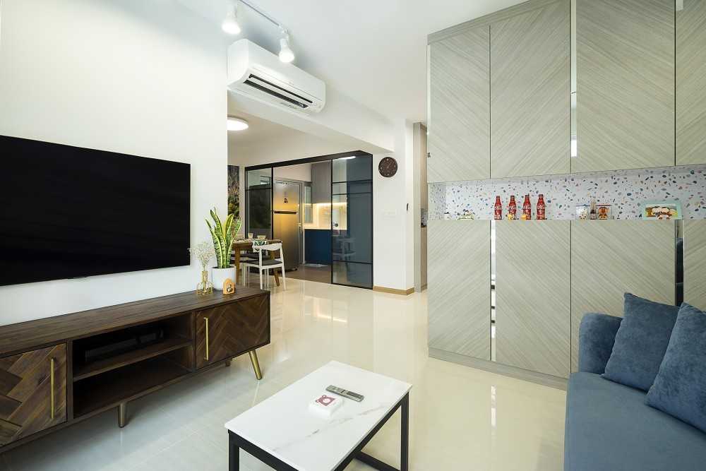 Contemporary Living Room with Bookshelf and TV Console