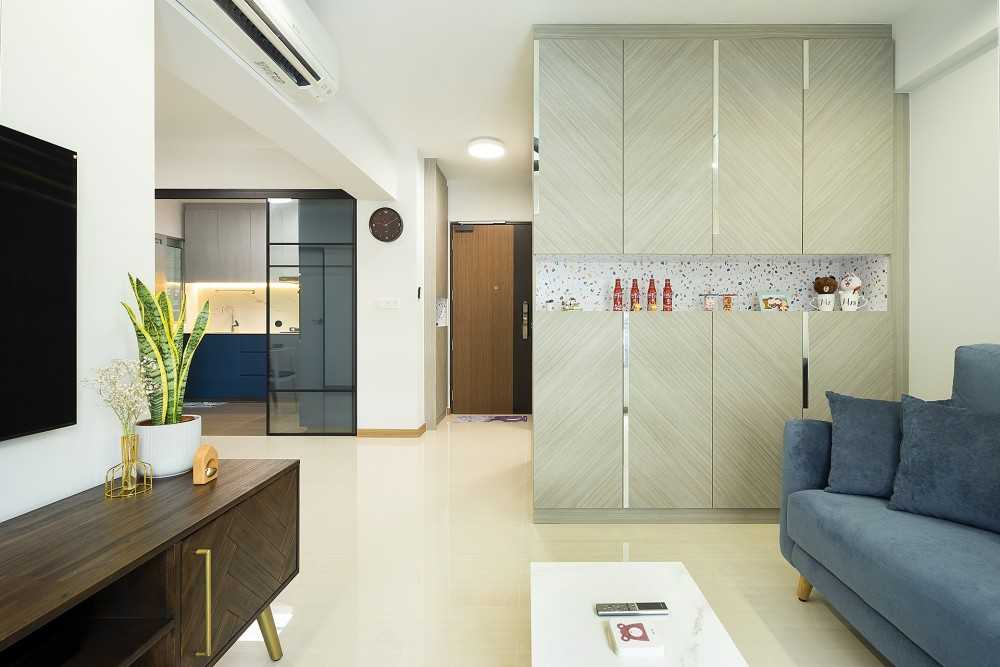 Contemporary Living Room with Homogeneous Tiles and TV Console