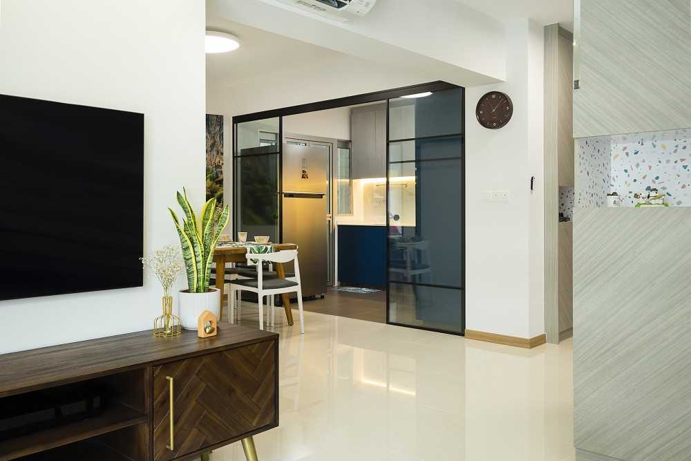 Contemporary Living Room with Homogeneous Tiles and TV Console