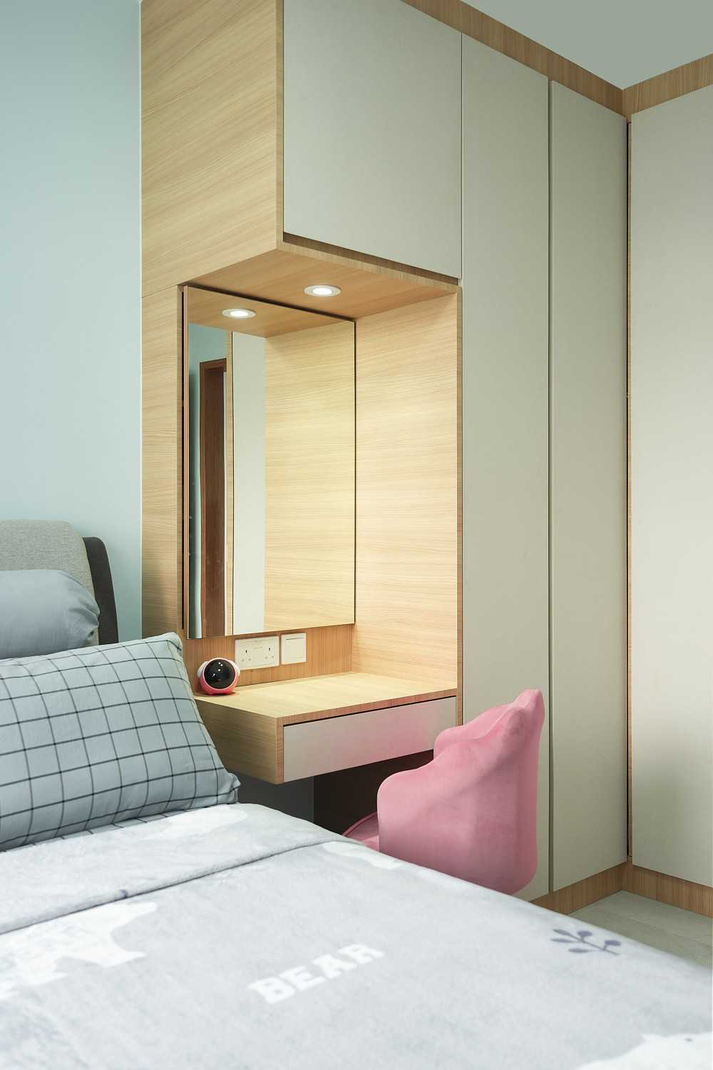 Contemporary Bedroom with Homogeneous Tiles and Bedside Table
