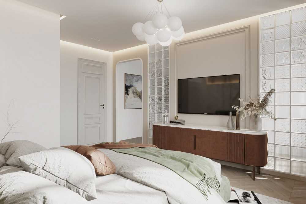 Modern Bedroom with Vinyl Flooring and TV Console