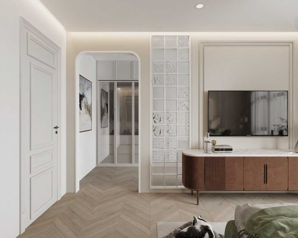 Modern Bedroom with Vinyl Flooring and Herringbone Tiling