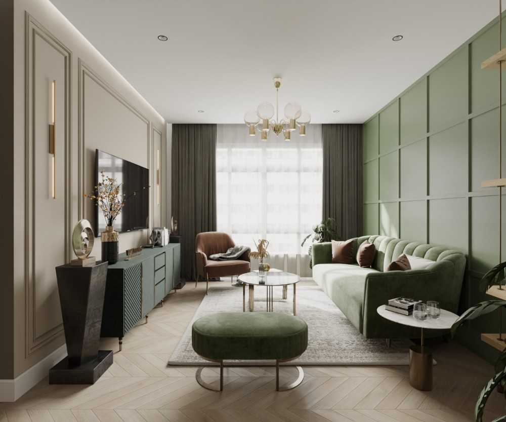 Modern Living Room with Herringbone Tiling and Wood Flooring