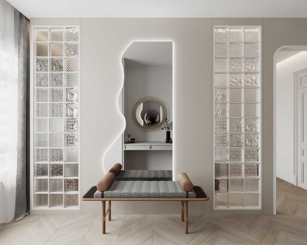 Modern Walk-in Wardrobe with Feature Wall and Mirror