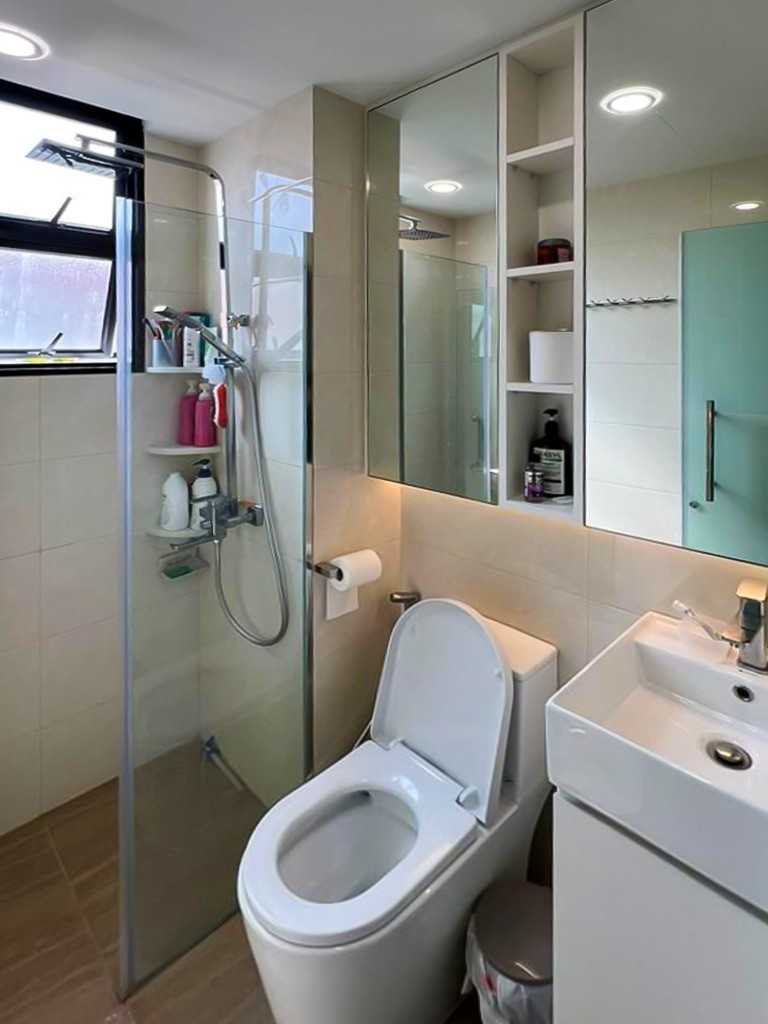 Scandinavian Bathroom with Shower Screen and Bathroom Storage
