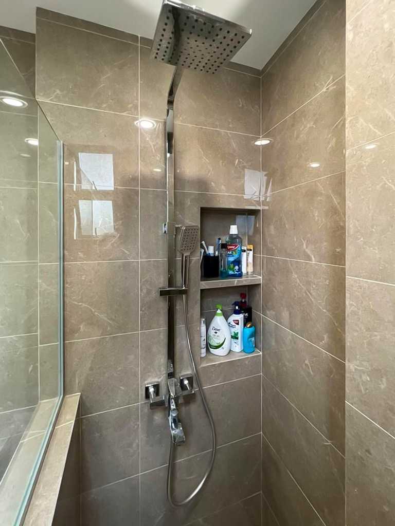 Scandinavian Bathroom with Feature Wall and Shower Screen