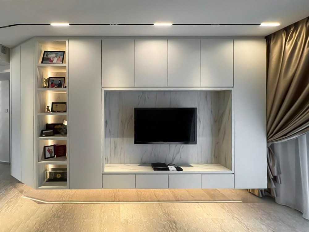 Scandinavian Living Room with TV Console and Paintings
