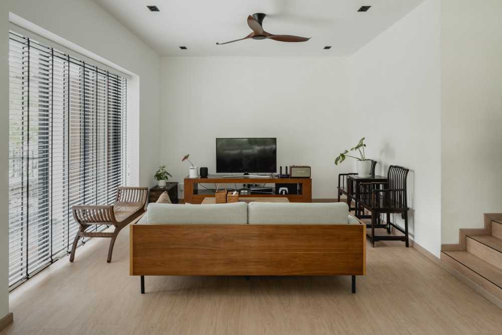 Scandinavian Living Room with TV Console and Ceiling Fan