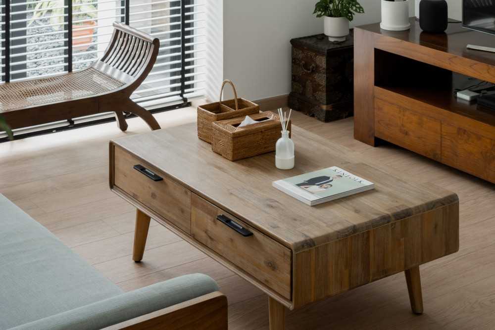Scandinavian Living Room with Wood Flooring and TV Console
