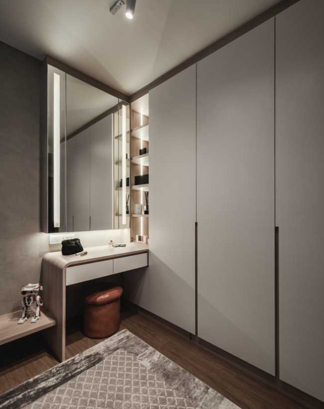 Scandinavian Bedroom with Wood Flooring and Ceiling Light