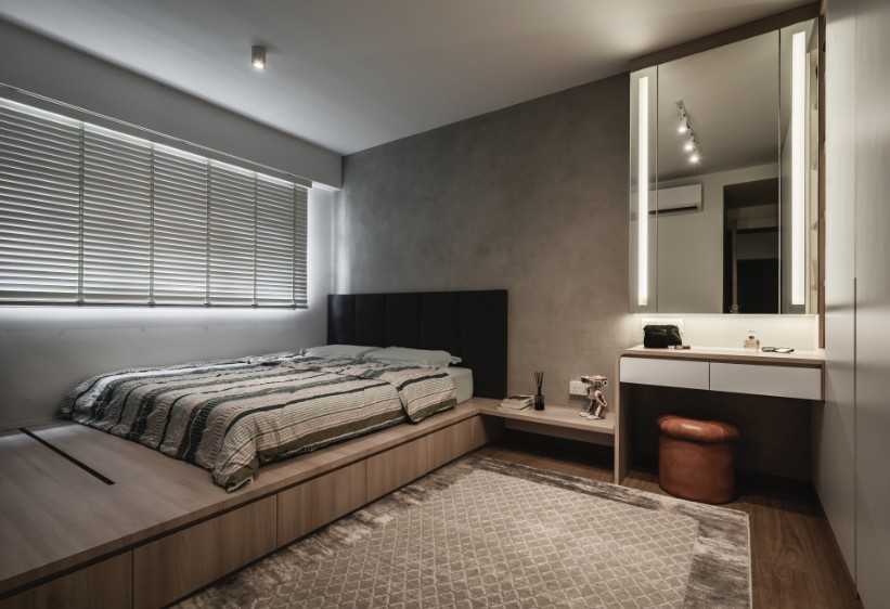 Scandinavian Bedroom with Platform Bed and Vinyl Flooring