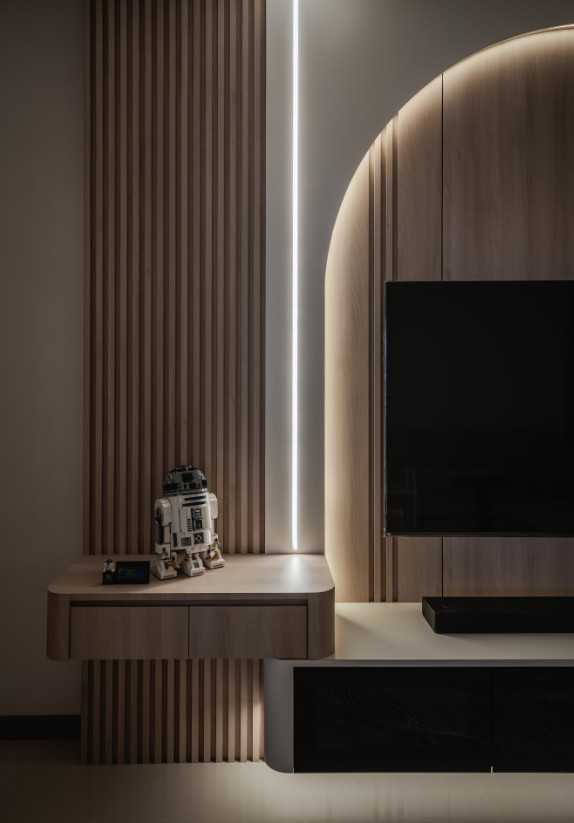 Scandinavian Living Room with Homogeneous Tiles and TV Console