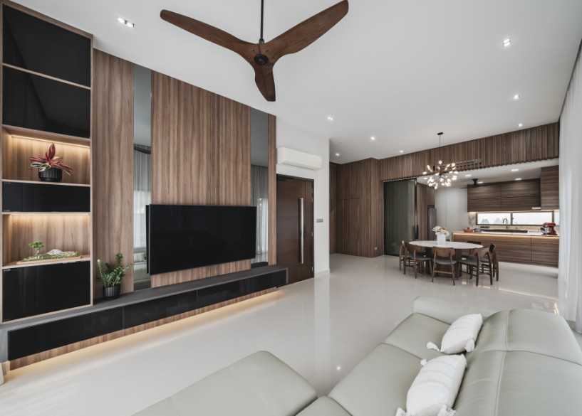 Contemporary Living Room with Homogeneous Tiles and TV Console