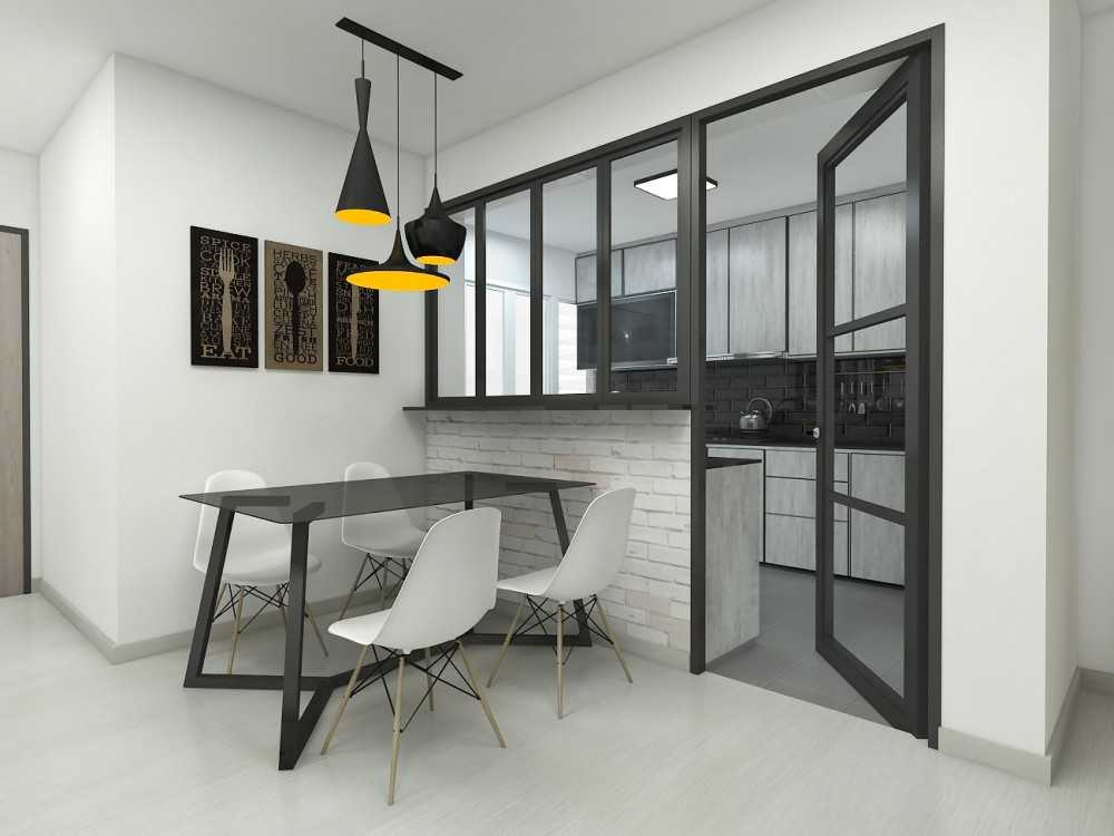 Contemporary Dining Room with Vinyl Flooring and Drop Light
