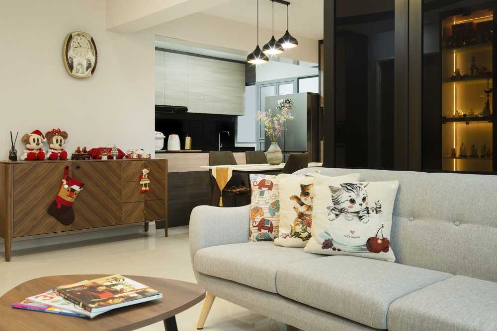 Contemporary Living Room with TV Console and Downlights
