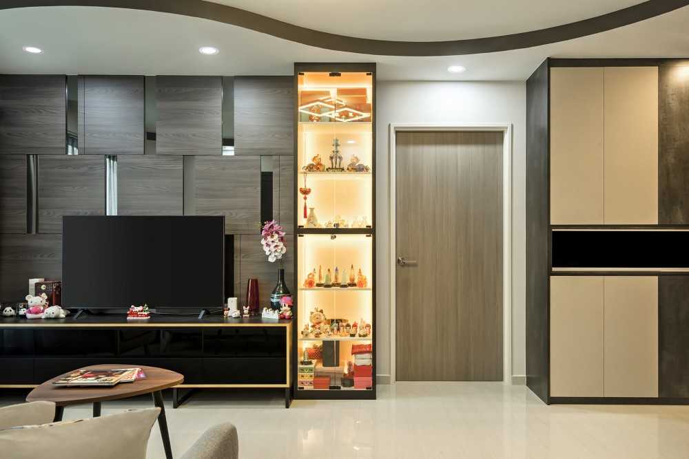 Contemporary Living Room with TV Console and Downlights