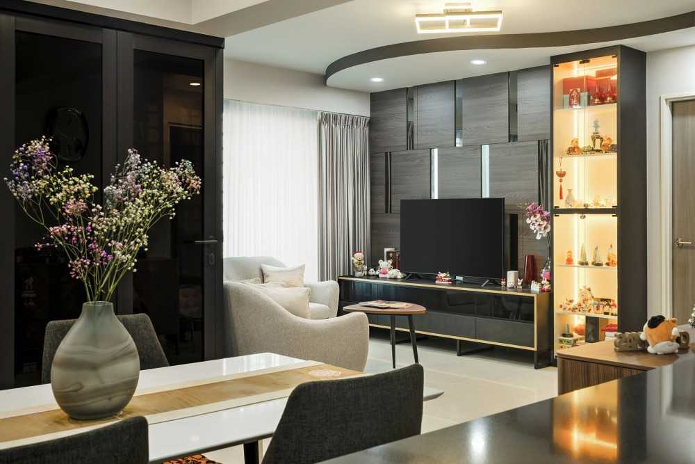 Contemporary Living Room with Homogeneous Tiles and TV Console