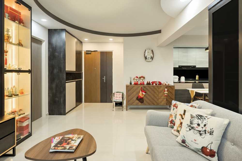 Contemporary Living Room with TV Console and Downlights